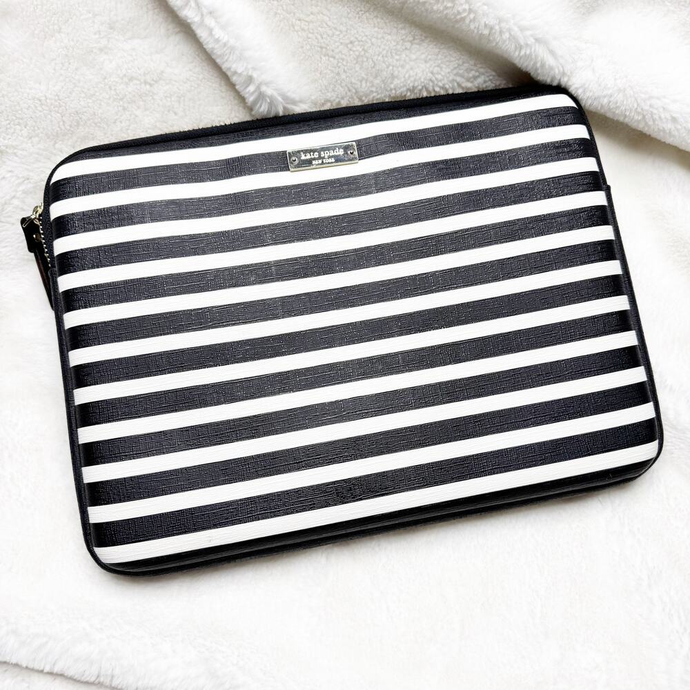 KATE SPADE New York Black & White Stripe Padded iPad Tablet Zip Case